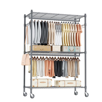 Heavy Duty Rolling Clothing Rack, Adjustable Garment Rack with 3 Tier Storage Shelves, Freestanding Closet Wardrobe