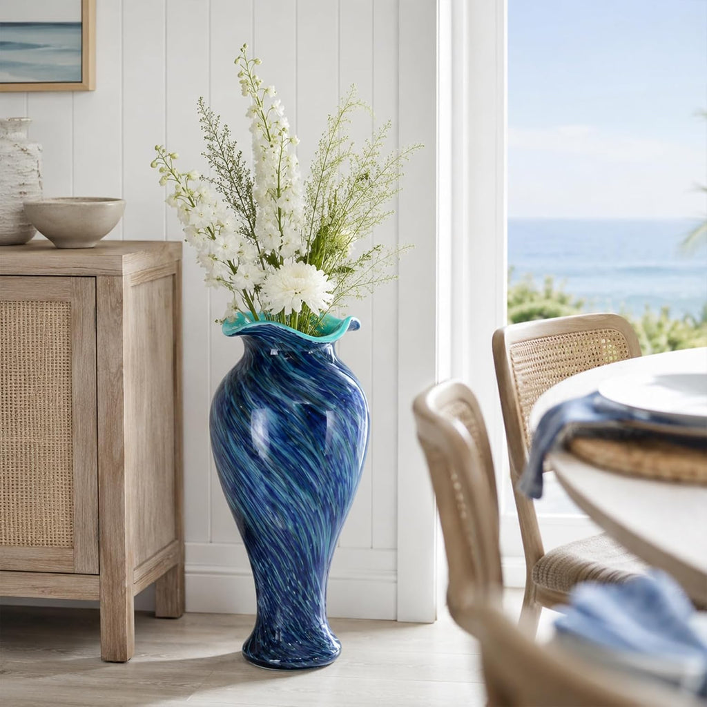 20" Tall Hand Blown Glass Vase - Pretty Ruffle Wide Mouth Decorative Flower Vase, for Modern Home Decor, Ideal