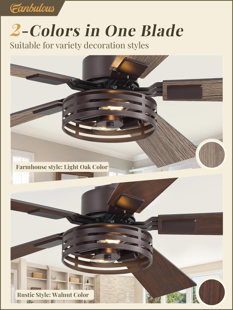 42 Inch Farmhouse Rustic Ceiling Fan with Light & Remote, 2 Pack