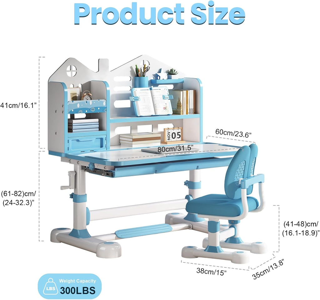 Kids Desk and Chair Set, Adjustable Art Desk 50° Tilt (Blue)