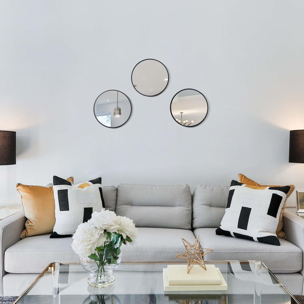 3 Pack 10 Inch Round Wall Mirror Set, Black & Gold Modern Thin Frame Decorative Circular Mirrors, Art Decor Bedroom