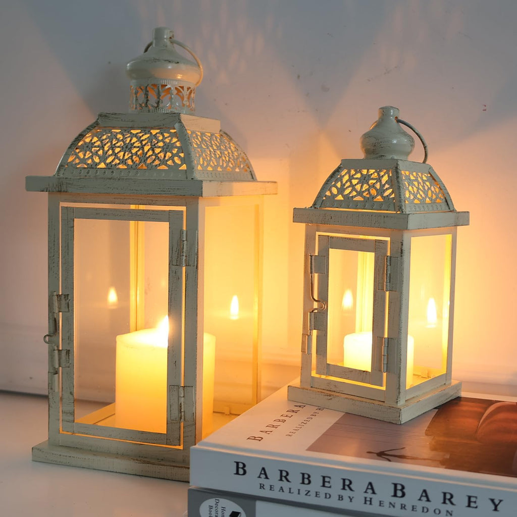 Large Lantern Decorative Outdoor & Indoor, Set of 2 (14''&10'') Metal Candle Lanterns Decor, Vintage Hanging Candle