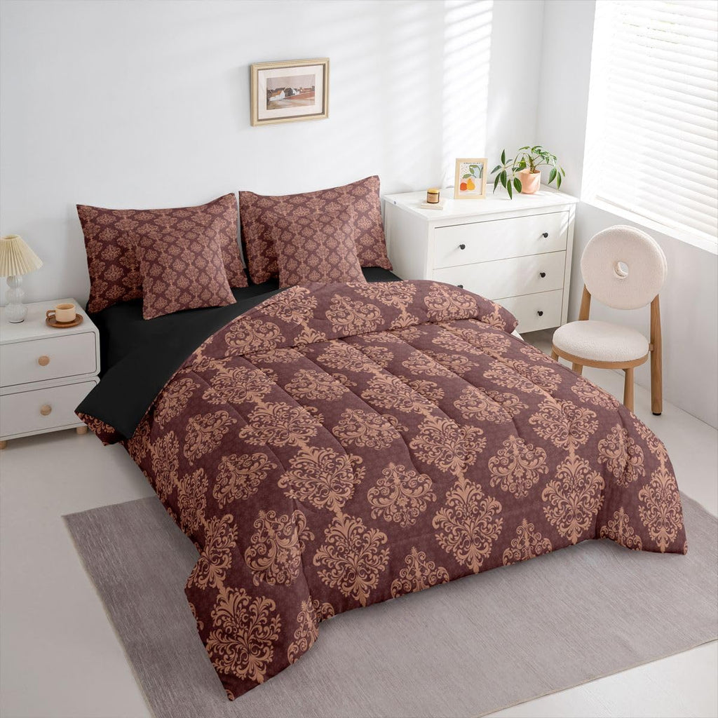 Brown Gothic Comforter Set with Sheets 7 Piece Exotic Floral Damask Bed in A Bag Baroque Vintage Flowers