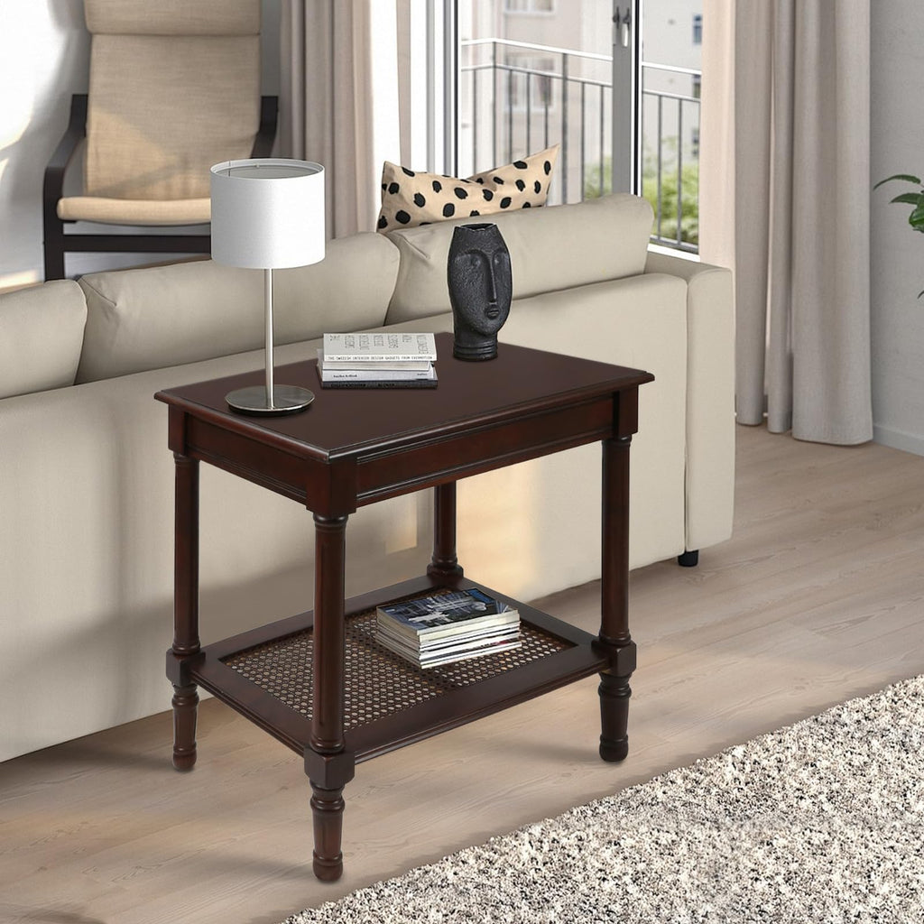 Jamestown Side Table with Rattan Shelf, Cherry