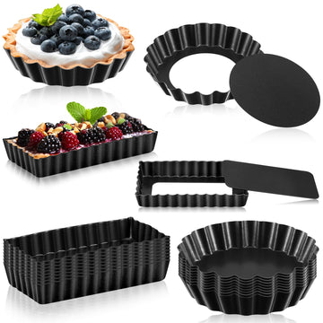 16 Pcs Mini Tart Pans for Baking, Black Round and Rectangle