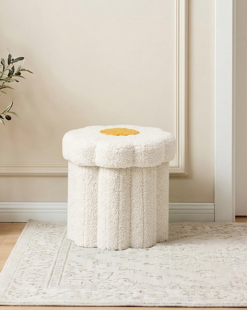 Folding Storage Ottoman, Cream Boucle Daisy Footstool