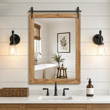 Farmhouse Bathroom Vanity Mirror, 36"x 24" Wood Barn Door Mirror, Light Brown