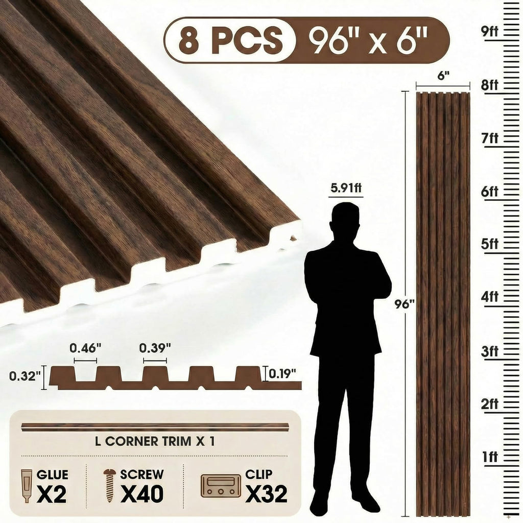 WPC Acoustic Slat Wall Panels 8-Pack 96'' x 6'' (Cover Approx.32 sq.ft)