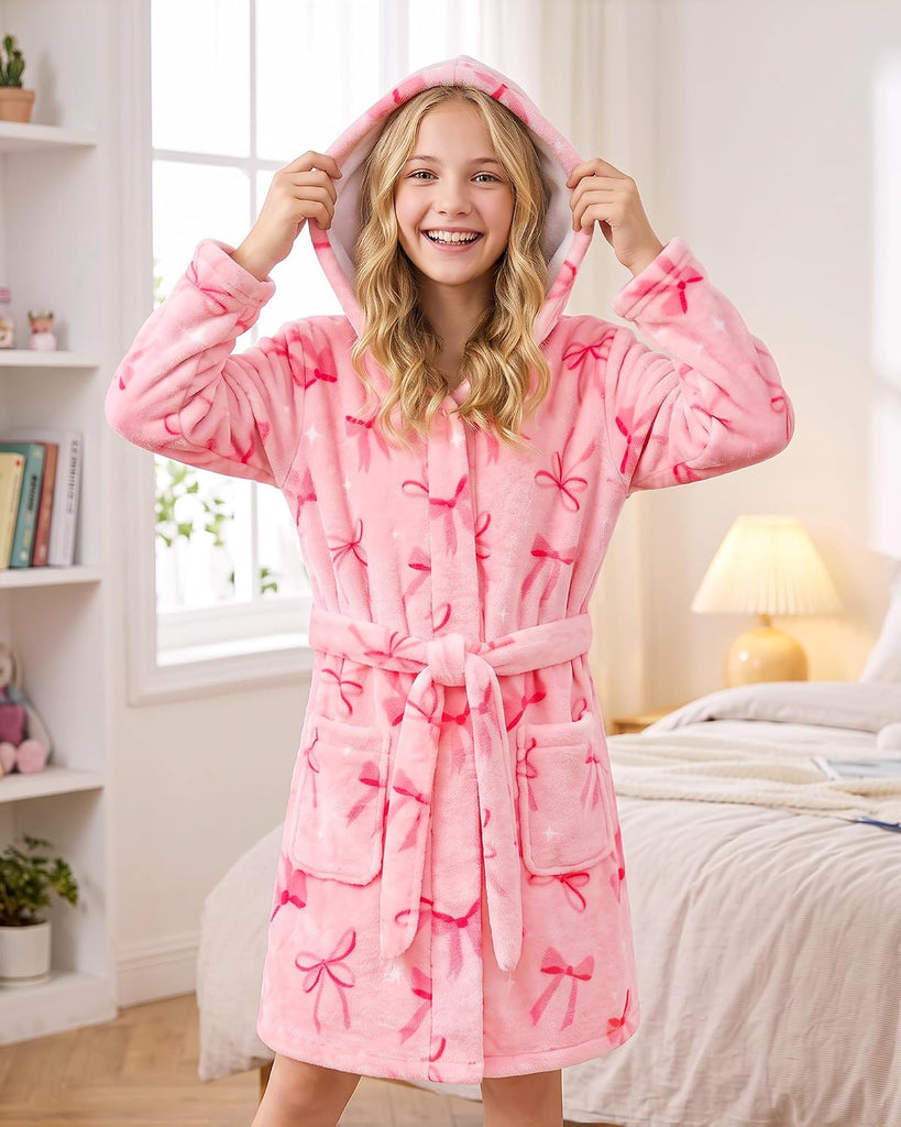 Girls Hooded Robe Soft Plush Bathrobe for Kids Warm Sleepwear