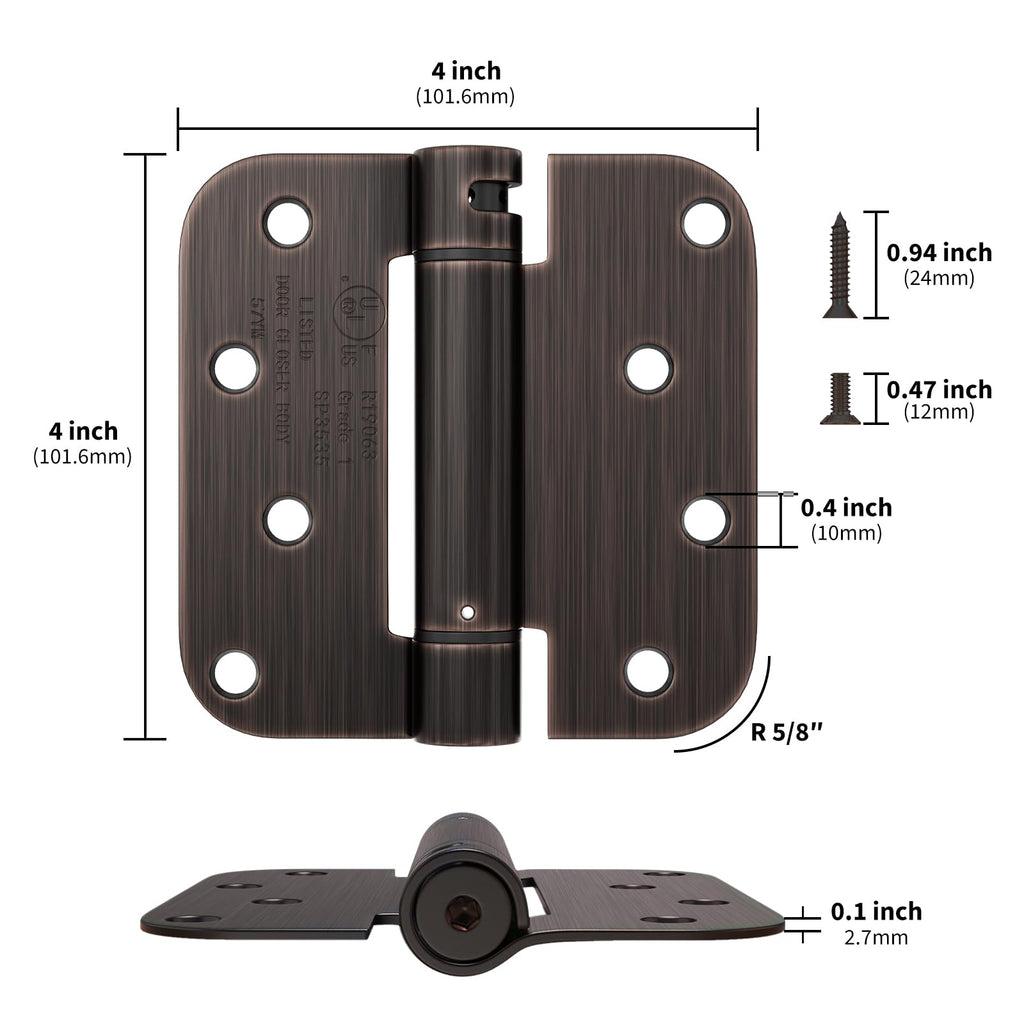 2 Pack Oil Rubbed Bronze Spring Hinges 4in 5/8" Radius Corners