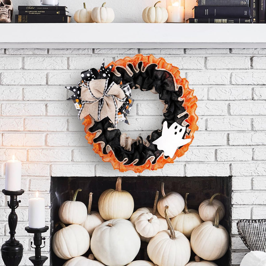 Halloween Boo Ghost Wreath, Burlap Wreath with Bows for Front Door, Farmhouse Favors Trick of Treat Props, Halloween