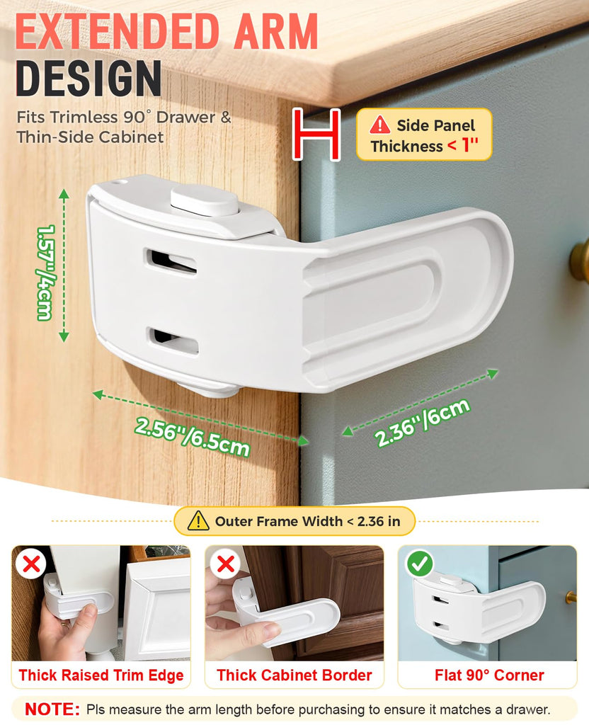 Drawer Locks Proofing 4 Pack, Upgraded White Side Furniture Lock