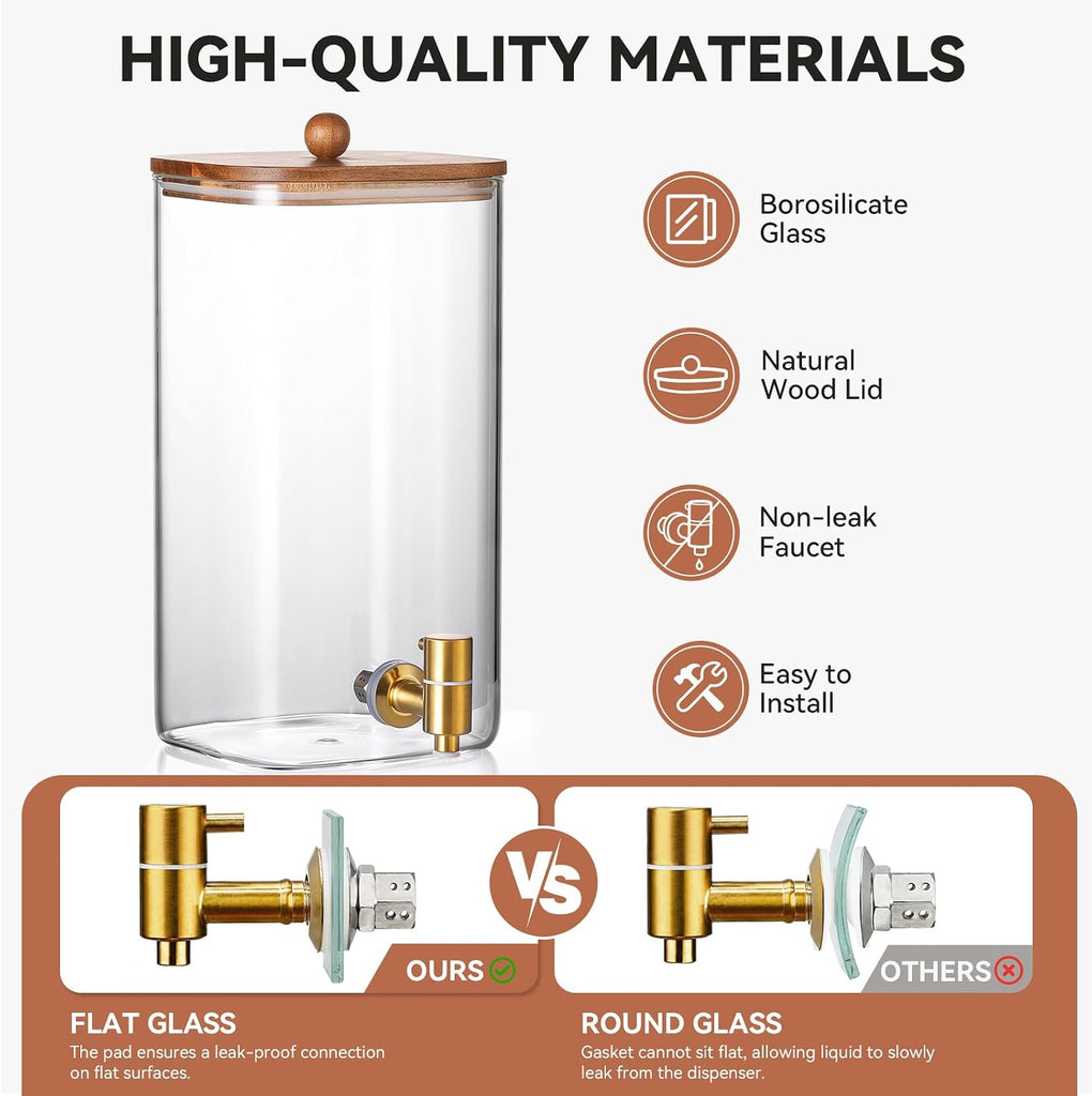 1.5 Gallon Square Glass Drink Dispenser with Wooden Stand & Lid, Large Beverage Dispenser with Stainless Steel - Set of 2