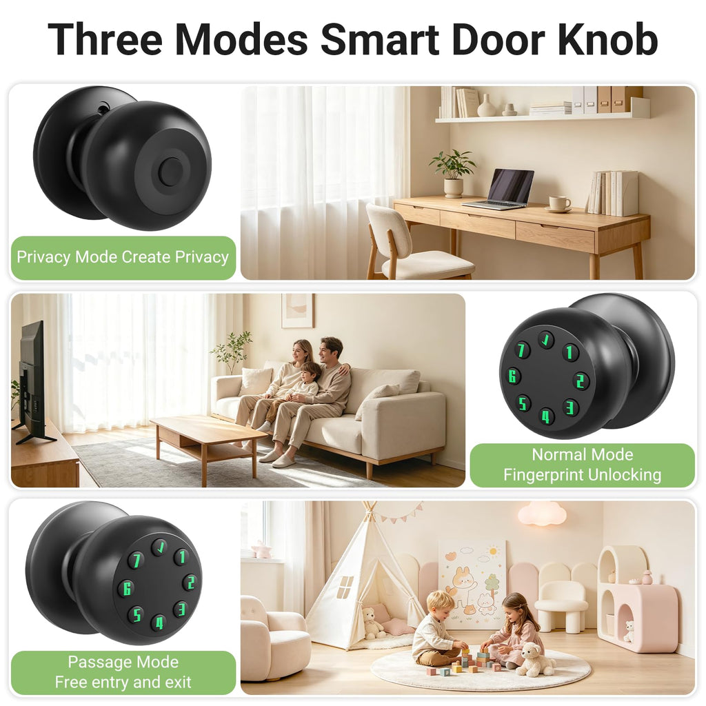 Smart Keypad Door Knob, Keyless Entry Door Lock with Auto Lock and Low Battery Alert, 50 User Codes, Easy