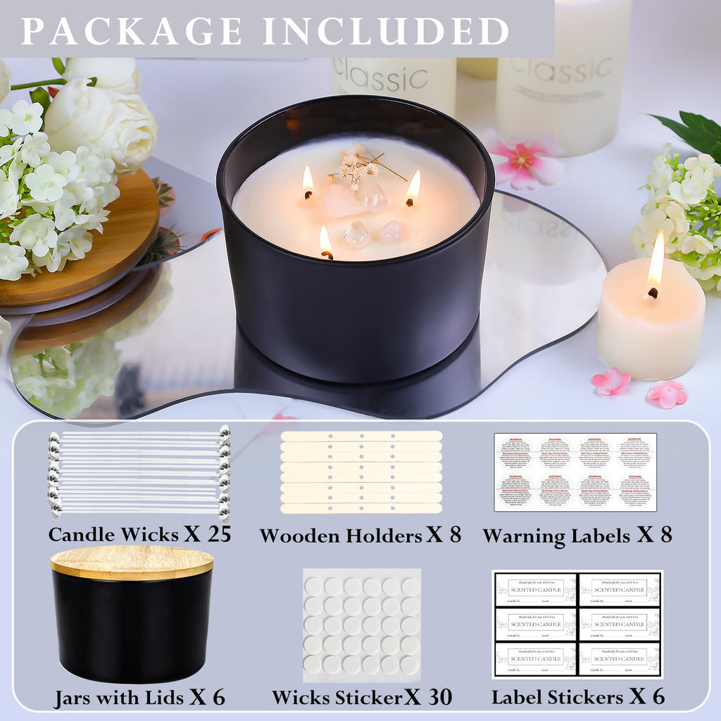 6 Pack 24oz Matte Black Glass Candle Jars with Airtight Bamboo Lids