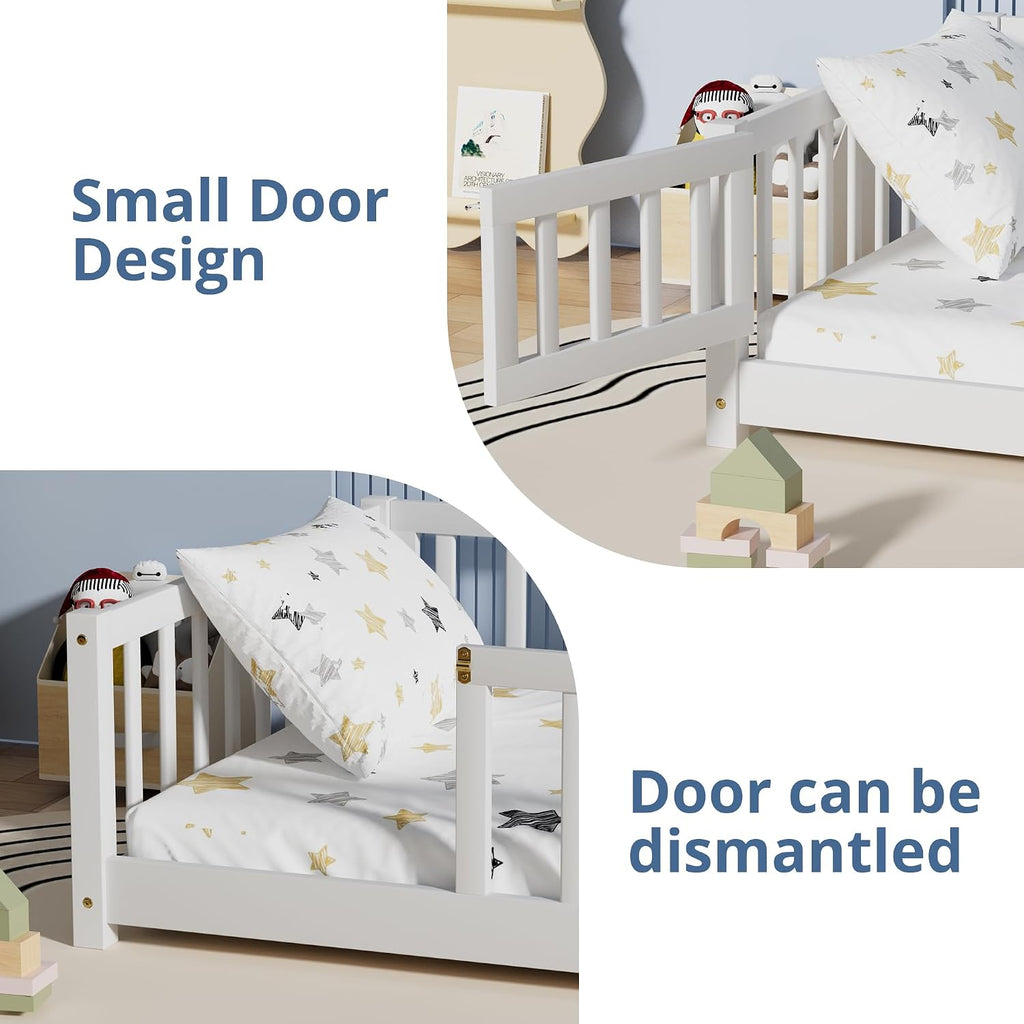 Floor Bed for Children, Sturdy Wood Montessori Bed Frame with Wood Slats, High Fence & Small Door, Montessori