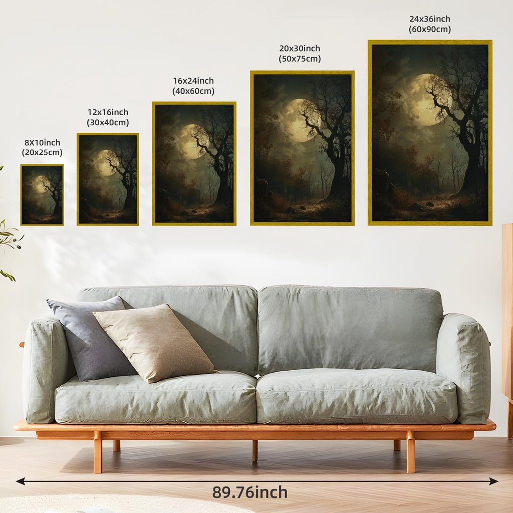 Moody Forest with Full Moon Wall Art Vintage Gothic Moonlight Poster Dark Aesthetic Decor Nature Canvas Print