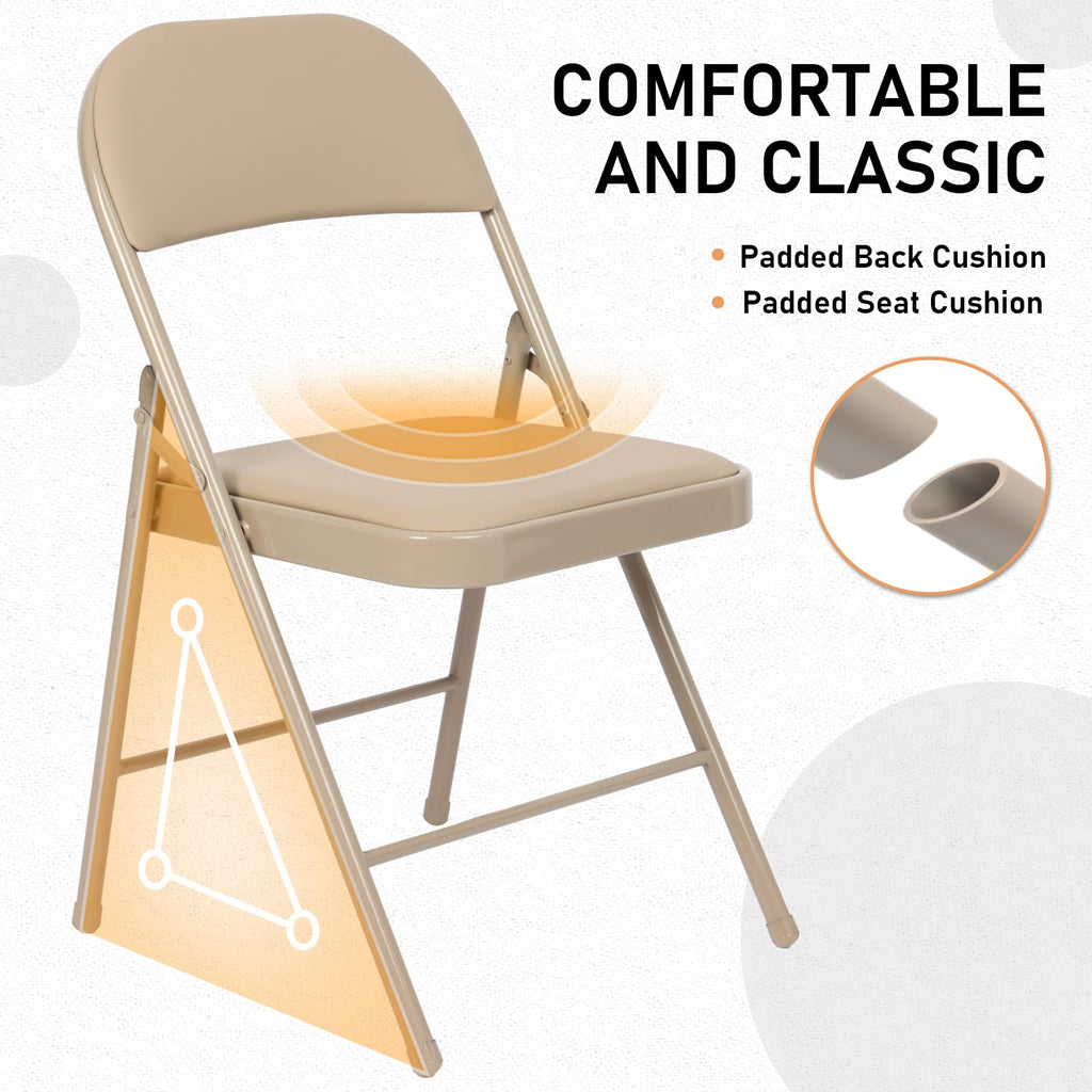 16 Pack Padded Folding Chairs, PU Leather Seat, 350 lb, Khaki