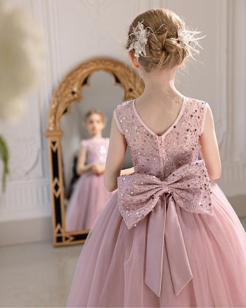Sequin Tulle Dress Formal Pageant Sparkly Birthday Party Wedding Guest Ball Gown Dresses with Bow