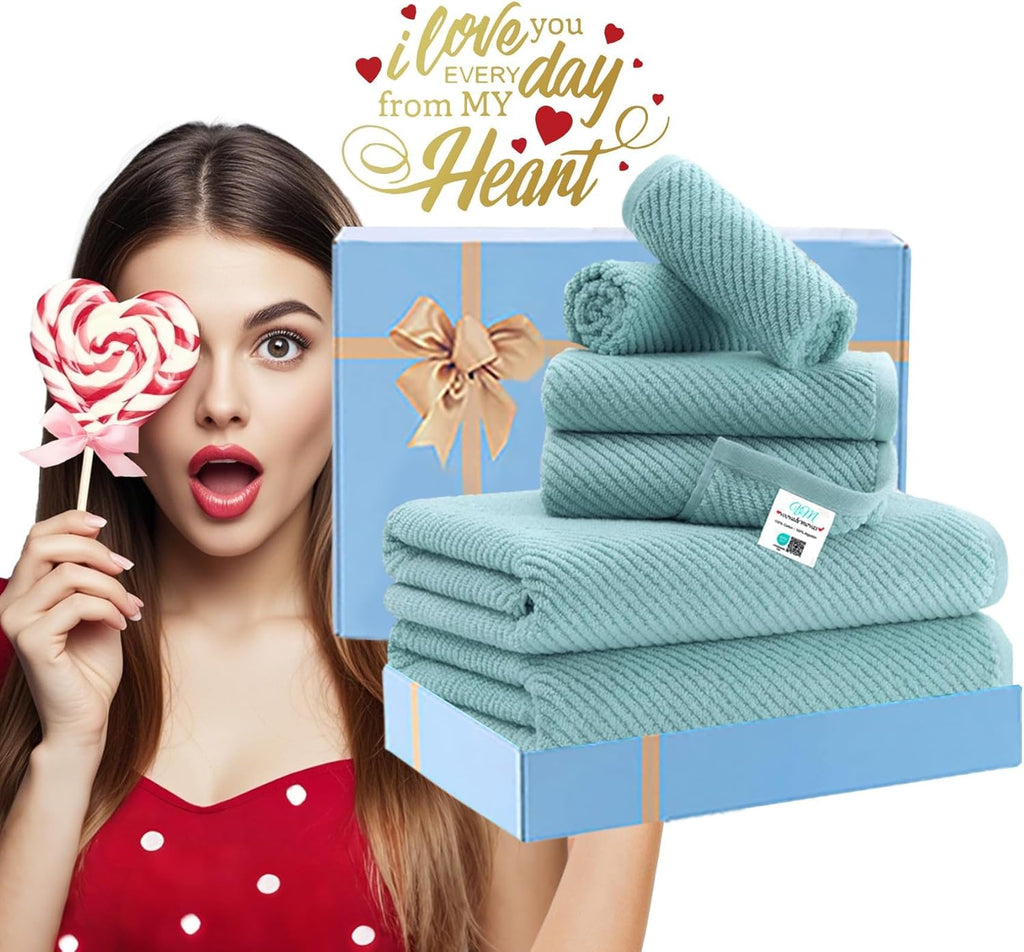 6PC Towel Set, 100% Cotton, Aqua Teal | 2 Bath 30x56 In, 2 Hand 18x28 In, 2 Washcloths 13x13 In, Thick, Soft, Quick