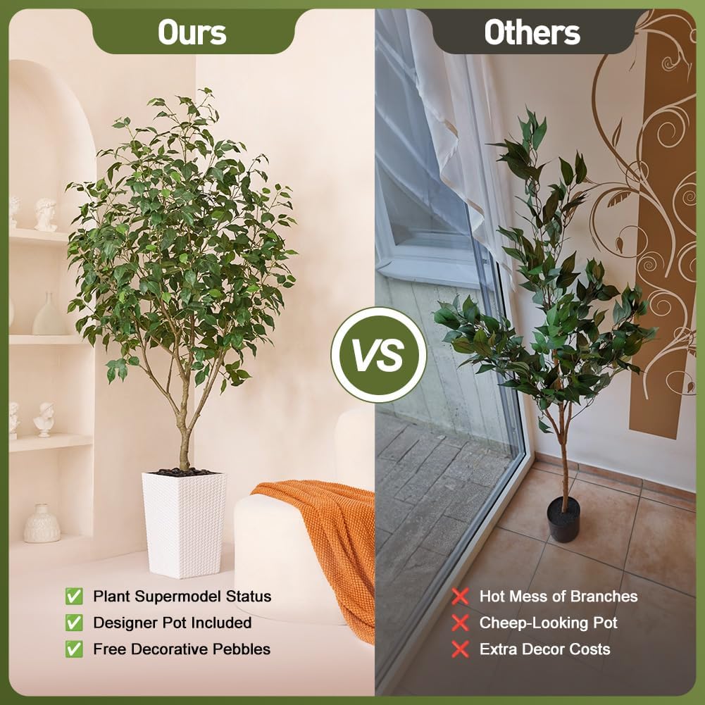 6FT Artificial Ficus Tree with White Taper Planter & Pebbles- Tall Faux Trees with UV Resistant Silk Leaves Outdoor