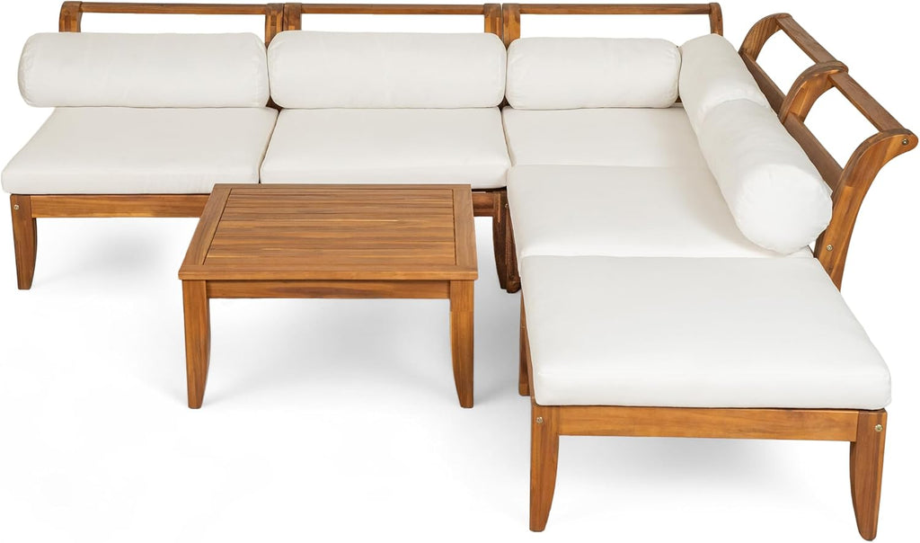 6 Piece Patio Sofa Set, Acacia Wood Outdoor Modular Sectional Garden Furniture Set, L-Shaped Conversation Set with