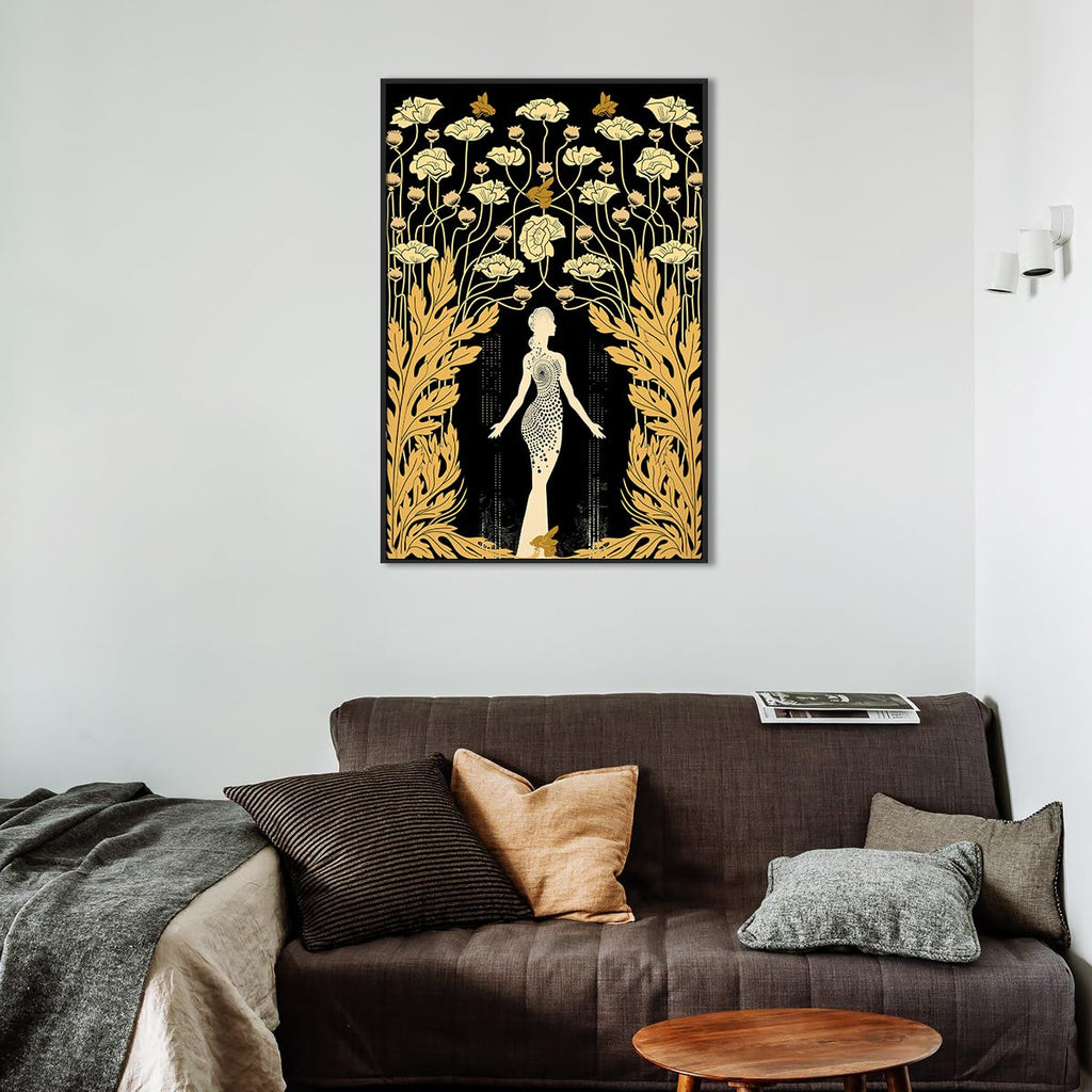 Art Nouveau Goddess Demeter Painting, Black and Gold Print Canvas Art, Bohemian Greek Goddess Poster, Boho Flower and