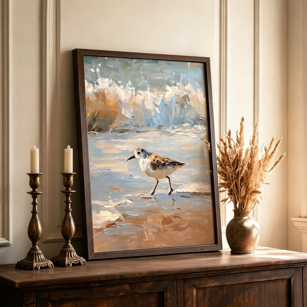 Vintage Framed Coastal Wall Art, Impressionist Sandpiper Bird Canvas Painting, Rustic Beach Ocean Wall Decor Bedroom