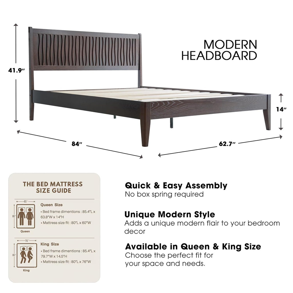 Queen Size Bed Frame with Headboard & Footboard, Solid Wood Platform Bed, Central Metal Legs, 12 Sturdy Slats, Under