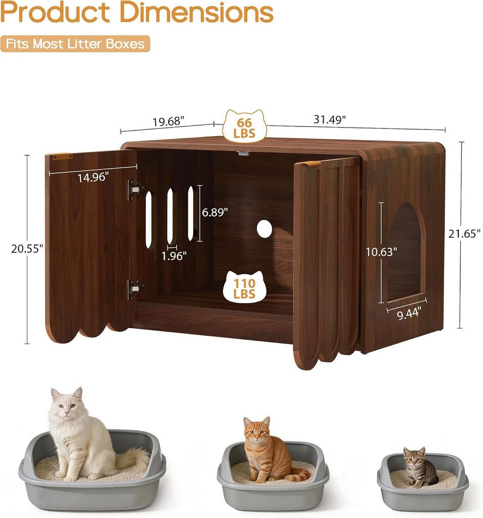 Cat Litter Box Enclosure Furniture, Hidden Cat Litter Box Cabinet with Scalloped Doors, Modern Cat House with Gold
