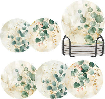 Eucalyptus Green Leaves Beige Marble Coasters for Drinks,Round Absorbent Ceramic Stone Coaster with Metal - Set of 6