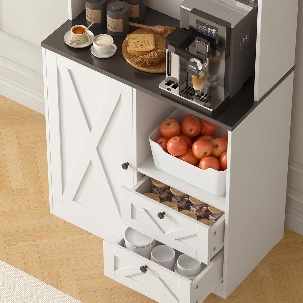 71" Tall Coffee Bar Cabinet with Storage Hutch, Farmhouse Kitchen Pantry Cabinet with LED Lights Microwave Stand and