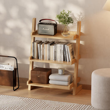 Solid Wood Ladder Shelf, Leaning Bookshelf, Natural, 3-Tier