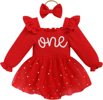 Baby Girl 1st Birthday Clothes One Year Old Tulle Romper Long Sleeve Bodysuit Cake Smash Outfits