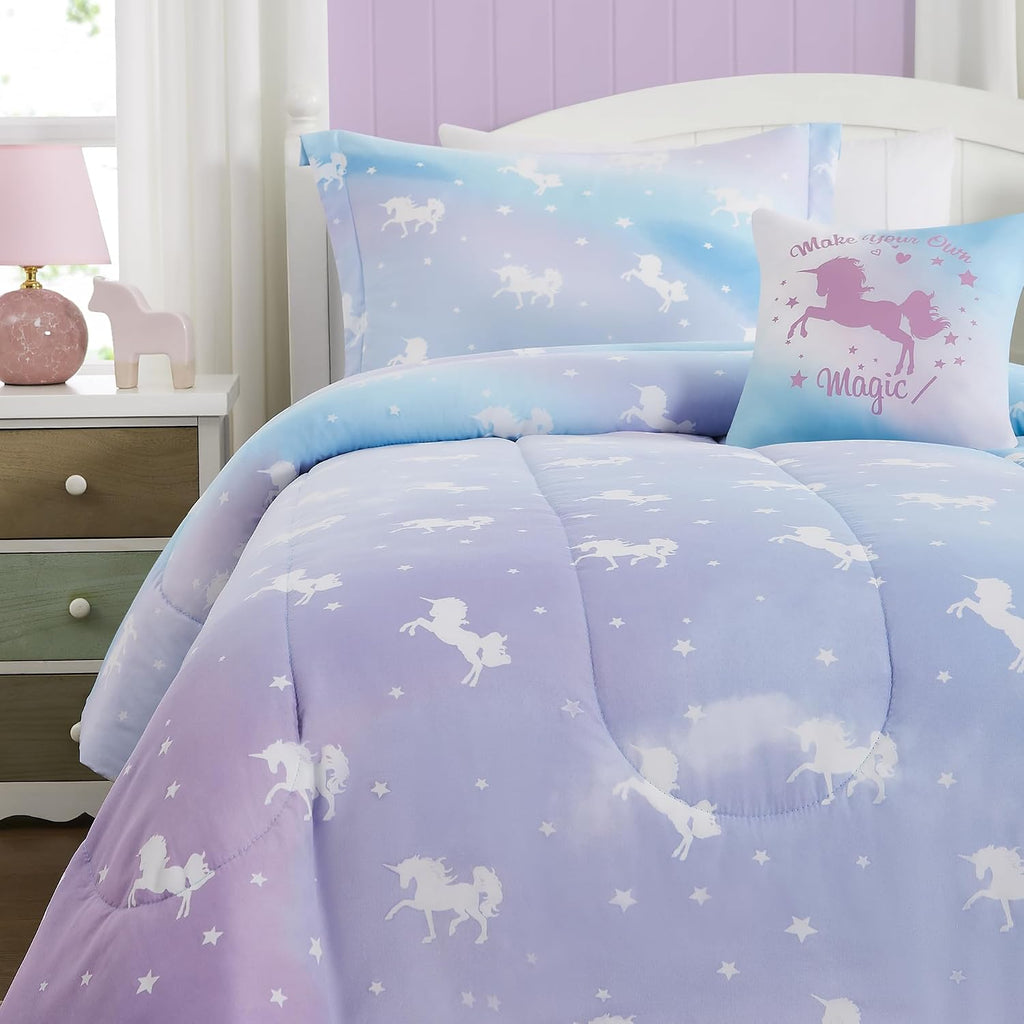 Kids Comforter Set Full for Girls, Glow in The Dark Unicorn Bedding Set 1 Comforter, 1 Decor Pillow, 2 Pillow Shams