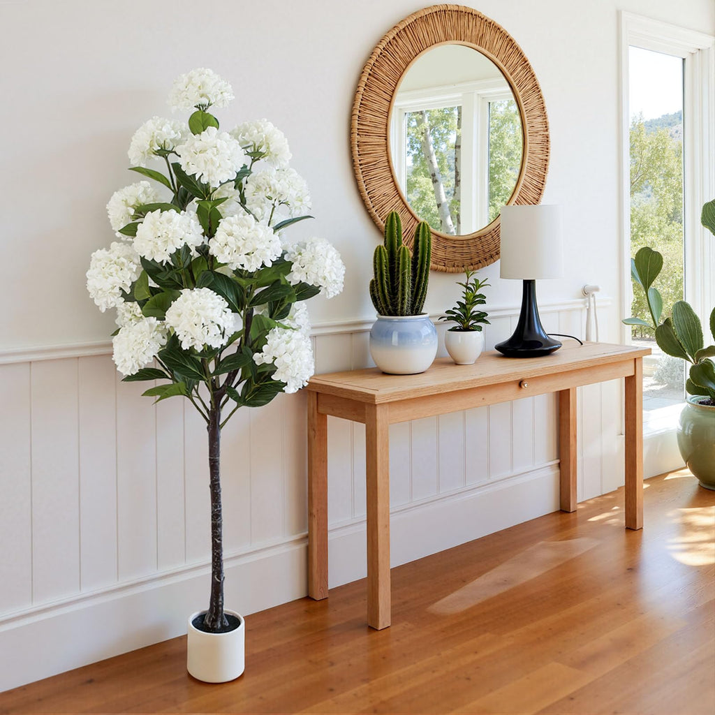 6 FT Artificial Hydrangea Tree- Large Faux Hydrangea Plants Indoor Outdoor, Fake Flower Trees with White Tall Planter