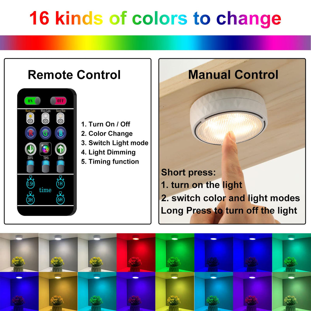 LED Puck Lights Battery Operated LED Under Cabinet Lighting Wireless Stick on Tap Lights with Remote Controll Color