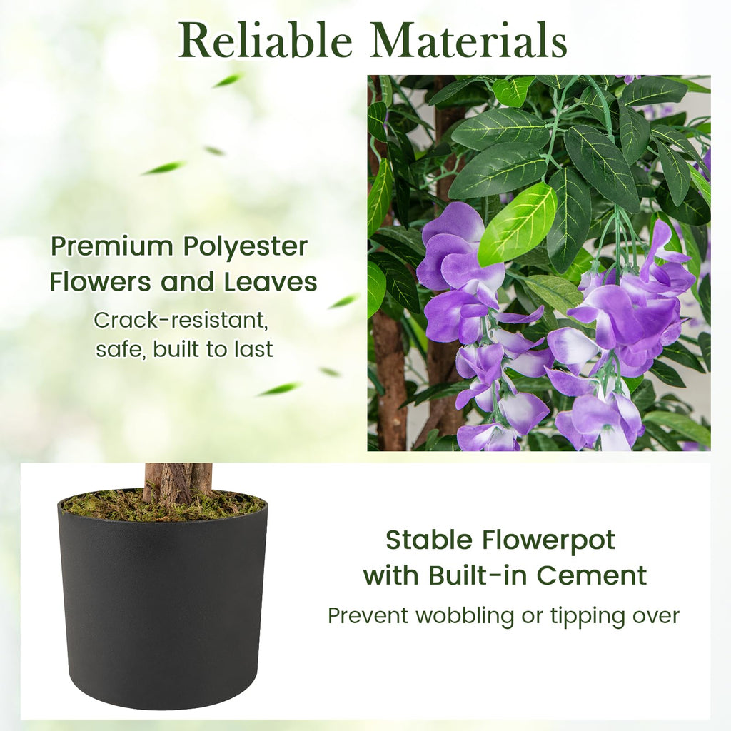 5.5FT Ficus Artificial Tree, 2 Pack Faux Wisteria Tree Pot with Blooming Flowers, Fake Potted Tree Greenery Floor