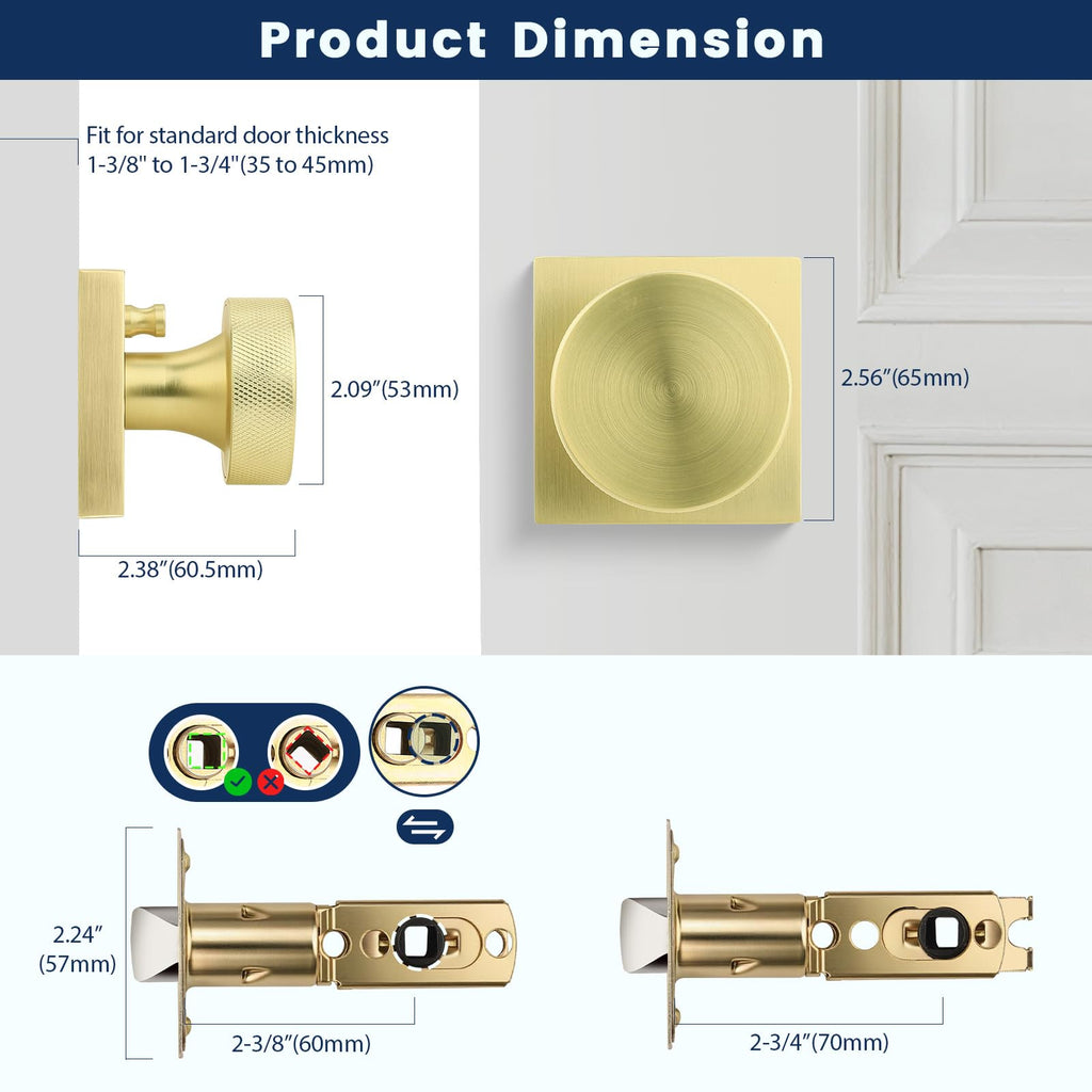 Gold Privacy Door Knobs Interior, Zinc Alloy Keyless Brushed Gold Door Knobs with Lock , Knurled Heavy Duty Brushed