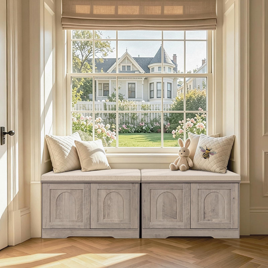 Shoe Storage Bench with Cushion, Door, Greige 31.5" LX17.7 H