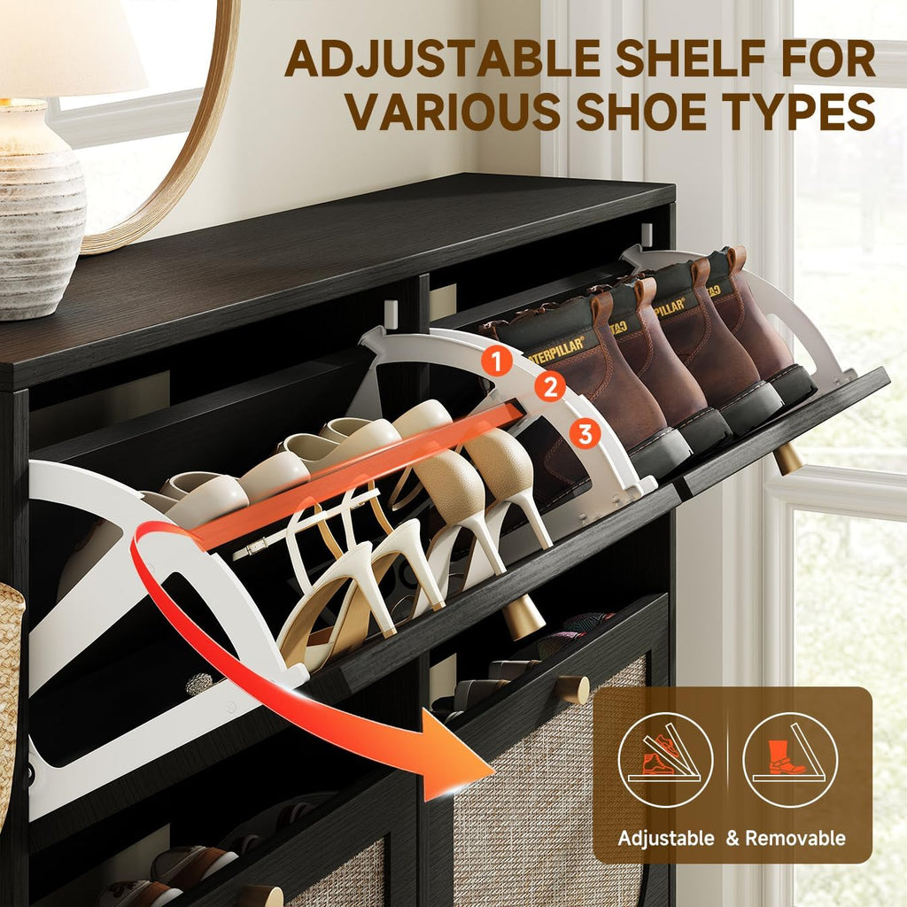 Shoe Storage Cabinet , Rattan Vintage Flip Shoe Rack- 4 Flip Drawers & 3-Tier Adjustable Shelves,Boho Shoe Organizer