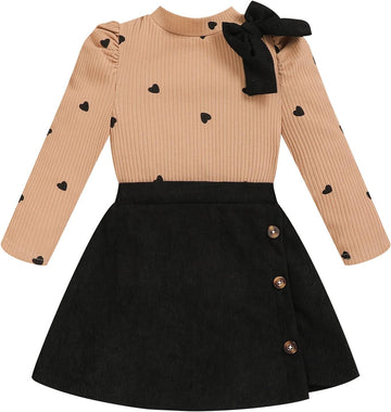 Toddler Girl Plaid Outfits Fall Winter Dress Knit Ribbed Bow Sweatshirt Tops and Button Fashion Skirts Set