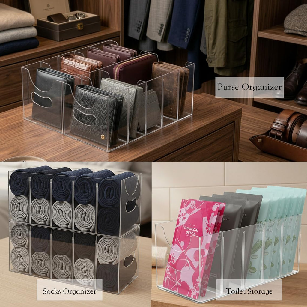 Belt Organizer,Acrylic Belt Organizer for Closet with Removable Dividers 5 Compartments & Handles Drawer organization