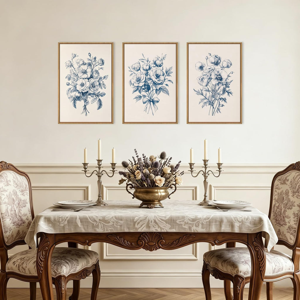 Navy Blue Floral Framed Canvas Wall Art Set,Vintage Botanical Flower Wall Decor,Modern Minimalist Bouquet Art