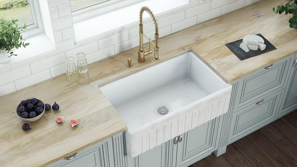 33 x 20 inch Fireclay Reversible Farmhouse Apron-Front Kitchen Sink Specialty Finish - Distressed White - RVL2300SW