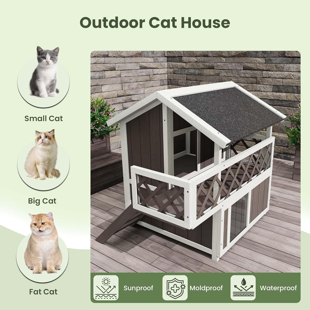 Weatherproof 2-Story Outdoor Cat House with Balcony - Multi-Level Wooden Condo - Escape Door - Removable Asphalt Roof