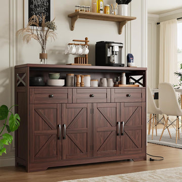 51" Dark Brown Buffet Sideboard Cabinet, Farmhouse Storage Cabinet Kitchen | Pantry with Shelf and Drawers, Wood