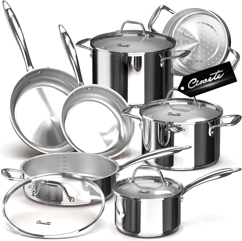 11-Piece Tri-Ply Stainless Steel Pots and Pans Set, 18/10 Stainless Steel Cookware Set with Steamer Insert, Induction