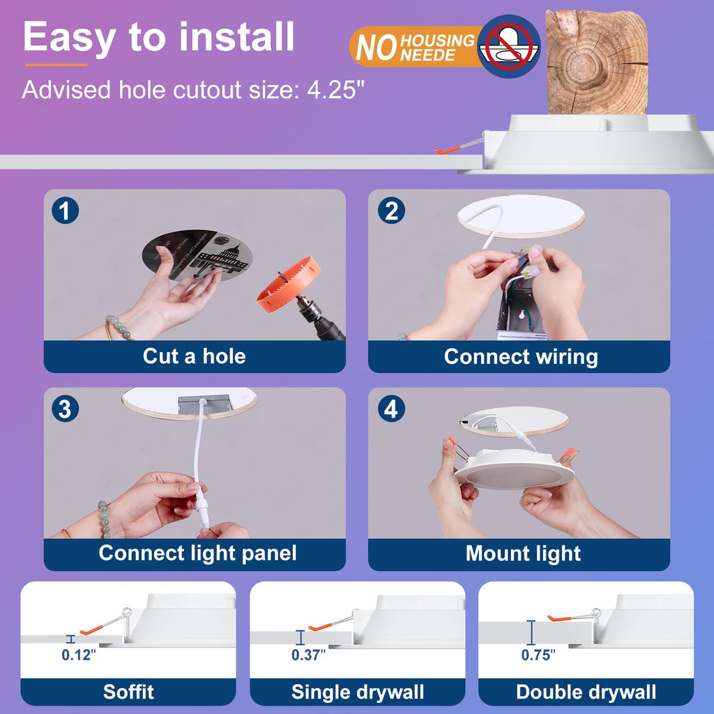 Smart Recessed Lighting 4 Inch RGBCW Color Changing 12W LED Downlight with Junction Box,1080 Lumen Recessed Ceiling
