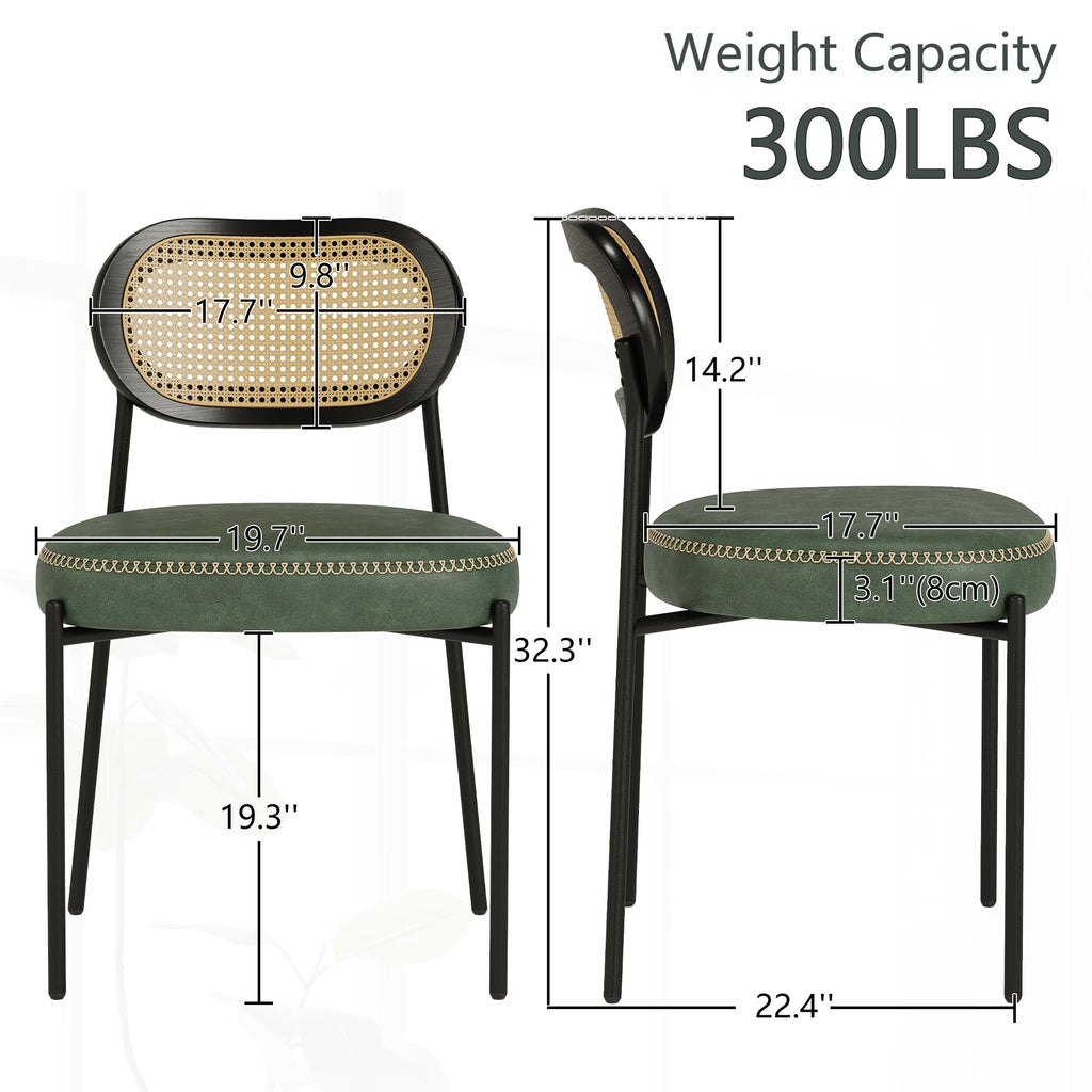 Rattan Dining Chairs Set of 6, Green Leather Upholstered Dining Chairs with Rattan Cane Back, Mid Century Modern
